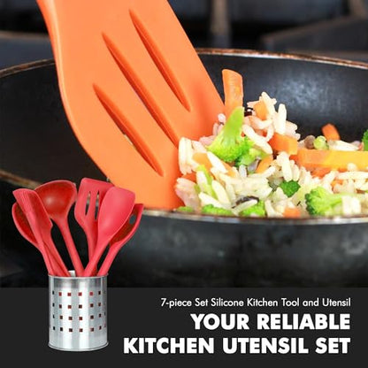 Chef Craft 42077 7 Piece Silicone Kitchen Tool and Utensil Set, Red - color: Red, size: 7 Piece Set