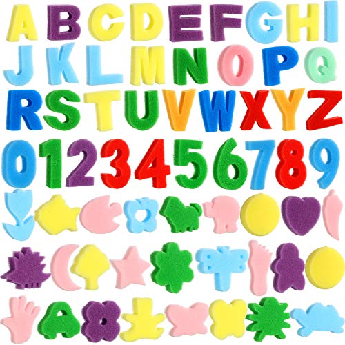 Gejoy 64 Pieces Sponge Painting Kit for Kids Alphabet Numbers Animal Paint Sponges Models Art Craft Drawing Tools for Kids Toddlers Educational Bathroom