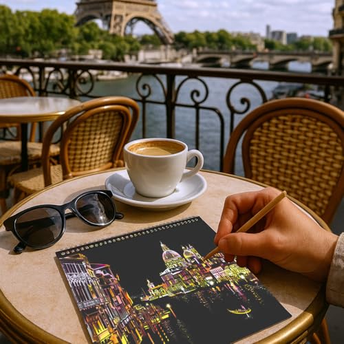 10-Board Scratch Art Book for Adults, Rainbow Cityscape Kit with Tools | Scratch art tools reveal 10 rainbow cityscapes for screen-free tabletop entertainment at home, during travel or with friends. - color: Travel Landmarks A