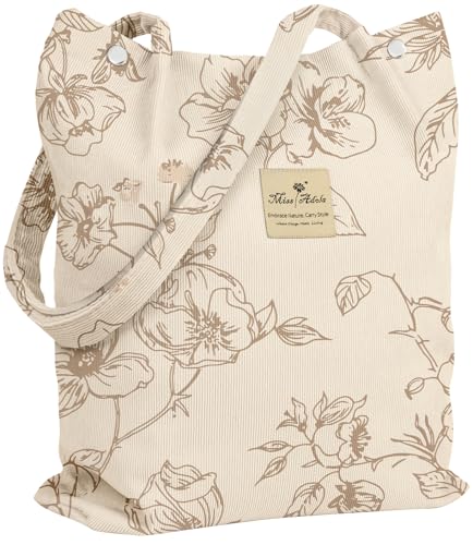 Miss Adola Corduroy Tote Bag for Women with Aesthetic Design | Magnetic Buckle & Pocket, Reusable, Soft, Roomy, Long Shoulder Handles, Double-sided Print, Casual Daily Work, Grocery Bags - color: Simple Flower