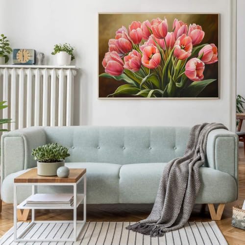 Artunion Pink Tulip Flower Paint by Numbers Kit for Adults,Pink Flower Paint by Number Kits, DIY Oil Painting Paint by Number Kits on Canvas Arts Craft for Home Wall Decor 16x20 Inch - color: ZXT-413