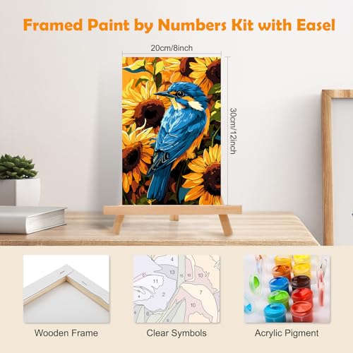 MOGTAA Birds Paint by Numbers Kit for Adults Beginners with Frame, Sunflower Adult Paint by Number Kits on Canvas with Easel, Easy DIY Animal Oil Painting Kits for Home Decor, 8x12in - color: Birds
