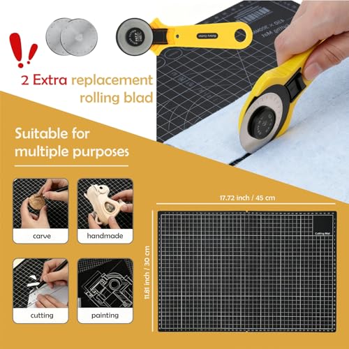 Rotary Cutter Set - 45mm Fabric Cutter with A3 Self-Healing Cutting Mat, 2 Extra Blades, Acrylic Sewing Rulers, Sewing Scissors, Craft Knife - Complete Kit for Sewing, Quilting, Patchwork, Crafting - color: Rotary Cutter Set 2