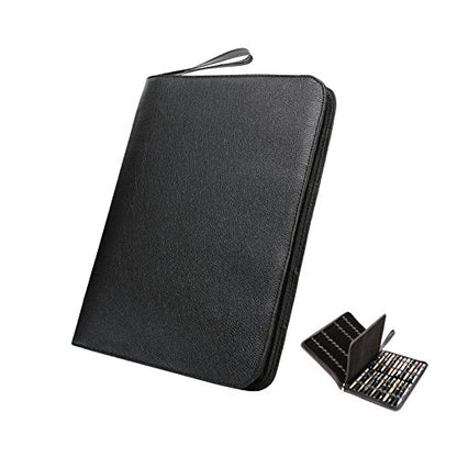 48 PU Leather Fountain Pen Case Large Capacity Black Roller Ball Pen Holder Bag Pouch - size: Black for 48 pens