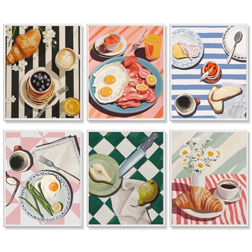 6 Pack Paint by Numbers Kit for Adults, Breakfast Painting, 8x10 Inch | DIY Adult Paint by Number Kits on Canvas for Beginners, without Frame, Kitchen Wall Decor, Stress Relief Craft Gift - color: TRTDOP6PNF101