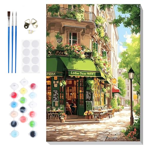 Bowetile Framed Street Cafe Paint by Numbers Kit for Adults, Adults' Paint-by-Number Kits on Canvas, Painting by Numbers Spring, DIY Acrylic Number Painting for Home Wall Decor, 8x12in - color: Street Cafe