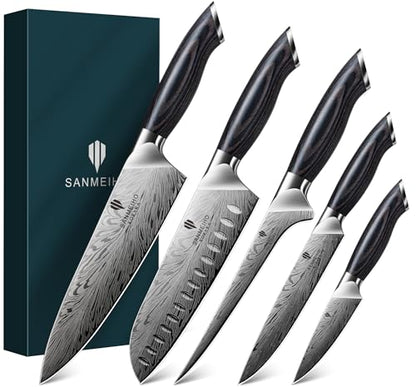5PCS Knife Set, Kitchen Knife Sets in Powder Steel | Ultra Sharp Japanese Knives Set High Carbon Steel Chef Knives Sets, Cooking Knives Set with Ergonomic Pakkawood Handle - size: 5PCS Knife Set