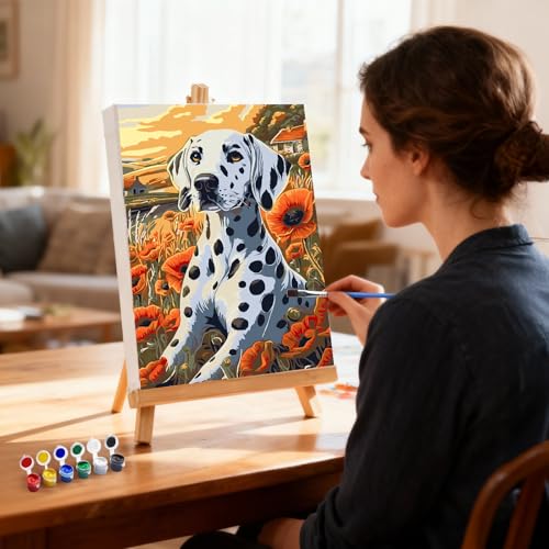 MXJSUA Dalmatian Dog Paint by Numbers Kit with Frame for Adults, Animal Easy Beginners Paint by Number on Canvas with Easel, Acrylic Number Painting Craft Gifts for Home Decor, 8x12 inch - color: Dalmatian Dog
