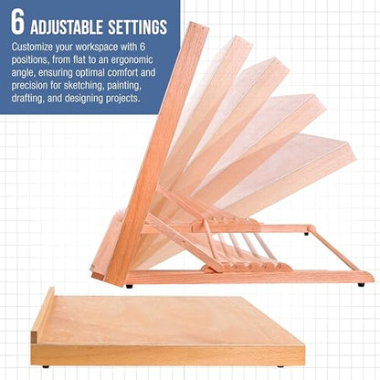 U.S. Art Supply X-Large 25-5/8" x 19" (A2) Wooden Drawing Board, Adjustable Table Top Easel for Painting and Drawing - Drafting Board with 6 Angles, Pencil Ledge, Locking Storage Drawer - size: Extra-Large