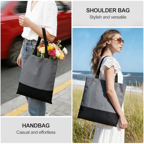 Canvas Tote Bag with Zipper for Women, Halloween Trick or Treat Bags Bulk | 13.8" x 15.3" Fashionable Two-Tone Cotton Tote Bag for Crafts, DIY Your Creative Designs - color: [A1] Grey / Black