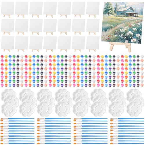 Qilery 24 Set 8 x 8 Inch Canvas Boards and Easel for Painting, Acrylic Paint Strips, Palettes, Brushes, Canvases Painting Kits for Kids Adults Artists Beginners Oil Acrylic Painting Party Favors - size: 8" X 8"
