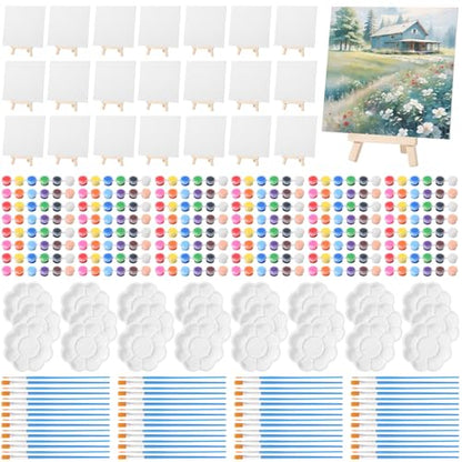 Qilery 24 Set 8 x 8 Inch Canvas Boards and Easel for Painting, Acrylic Paint Strips, Palettes, Brushes, Canvases Painting Kits for Kids Adults Artists Beginners Oil Acrylic Painting Party Favors - size: 8" X 8"