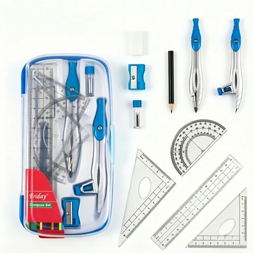 Marte Vanci 10 Piece Geometry Set, Math Geometry Kit with Storage Case, Includes 2 Compasses Rulers Protractor Pencil Eraser Sharpener Lead Refills Student Supplies for Drafting, Math Study (Blue) - color: Blue