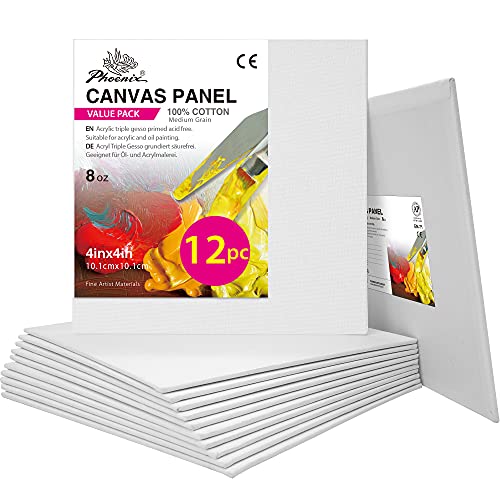 PHOENIX Small Painting Canvas Panels 4x4 Inch, 12 Value Pack - 8 Oz Triple Primed 100% Cotton Acid Free Square Canvas Boards for Painting, White Blank Flat Canvas Boards for Acrylic, Oil Paints - color: White, size: 4" x 4"