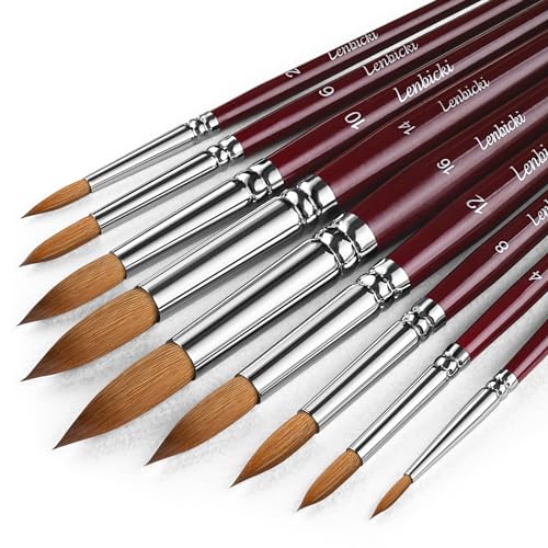 Sable Hair Watercolor Brushes Professional,9pcs Round Detail Watercolor Paint Brush Set,Ideal for Gouache Acrylic Ink Painting - style: Round