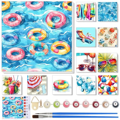 Nezyo 12 Sets Paint by Numbers with Frame for Adults, Acrylic 8x8 Inch | Numbered Canvases with Brushes, Beginner Kits, Birthday Gifts, Painting Party Supplies, Summer Themed Art Projects - style: Swimming Pool