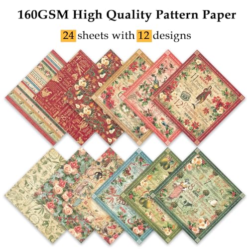 Scrapbook Paper, 24 Sheets 6"×6" 160gsm Single-Sided Patterned Cardstock - color: 24 sheets-carols