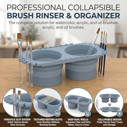 Dual Compartment Paint Brush Cleaner Cup with Holder, Blue