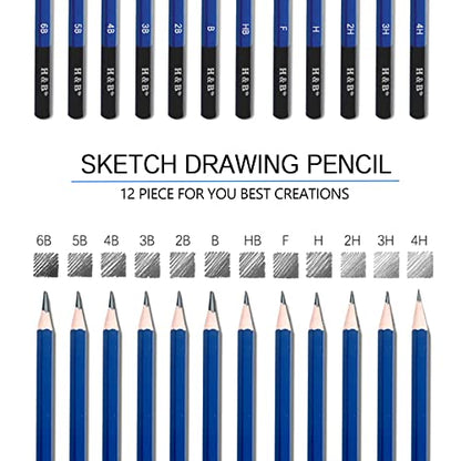 H & B 12 PCS Pencil Drawing Kit, H-4H, F, HB, B-6B Graphite and Charcoal Sketch Pencil Set for Beginners, Professional Artists - size: 12 Count (Pack of 1)