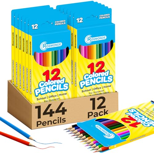 Rosmonde 12 Pack Colored Pencils (144 Count), Easy Hold Grip, 12 Colors | Assorted Pre Sharpened Colors Set, Classroom Art Supplies, Bulk Coloring Set for Schools, Drawing & Creative Projects - style: 12 Pack | 144 Pencils