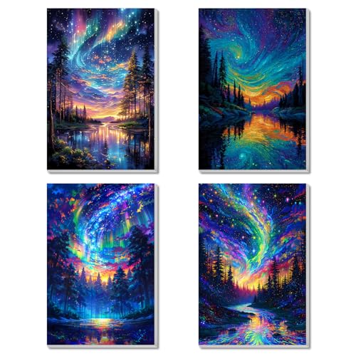 4 Pack Framed Paint by Numbers Kit for Adults Beginner Canvas Painting by Numbers for Adults Starry Night Easy Adult Paint by Number Kits with Frame Tree Watercolor Painting by Number 8x12 Inch - color: Starry Night Framed Paint by Numbers Kit