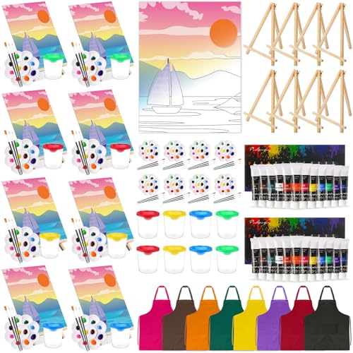 Cholemy 8 Set Paint and Sip Kit for Adults 8'' x 10'' Pre Drawn Canvas with Wooden Easels Acrylic Paint Brushes Wash Cup Palette Apron for Painting DIY Date Night Party Supplies(Landscape) - style: Landscape