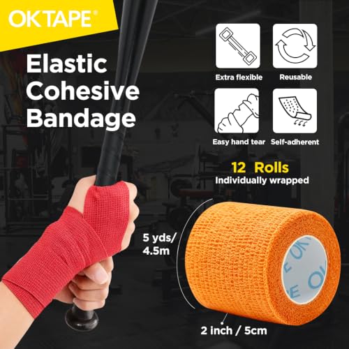 OK TAPE 12 Rolls Self Adhesive Bandage Wrap, Cohesive Elastic Athletic Tape - color: Mix Color, size: 2 Inch