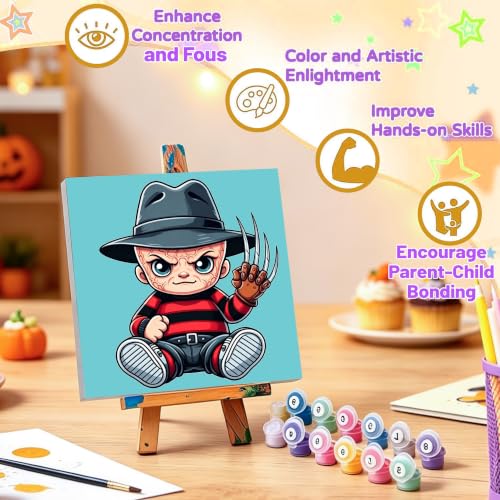 4 Pack Halloween Paint by Numbers for Kids with Frame Canvas - Wooden Easel - color: BKH2885+BKH2886+BKH2887+BKH2888