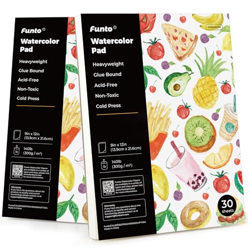 Funto Watercolor Paper Pads, 9x12, 140lb/300gsm, 30 Sheets Each, Cold Pressed, Acid-Free Heavyweight Art Paper for Painting, Drawing - color: 9x12-White-2Pack