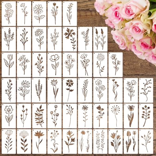 50 PCS Flower Stencils for Crafts Reusable Flower Stencils for Painting on Wood Rocks Canvas Fabric Glass Pottery 3.5 x 2 Inch - color: Flower