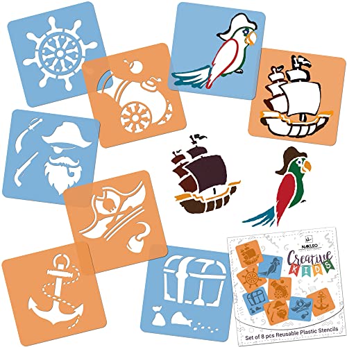 NAKLEO Painting Stencils for Kids, 8 Pcs Set 6x6” Pirates, Children Creative Drawing Templates Plastic and Reusable, DIY Decoration Arts and Crafts, Paper Wall Wood Fabric - color: PIRATES