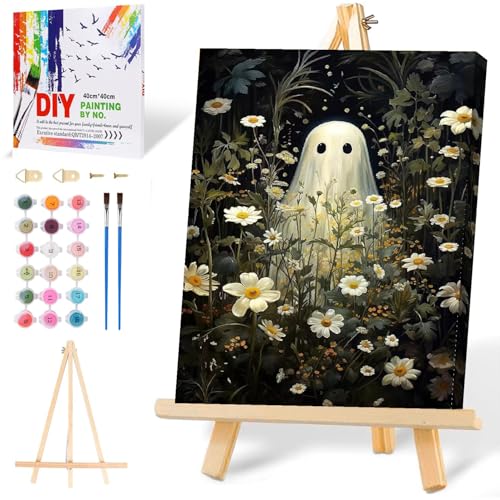 Halloween Paint by Numbers for Adults with Framed Canvas-with Wooden Easel,Ghost Paint by Number on Canvas,DIY Acrylic Oil Painting Kits with Brushes Nice Gift Box for Home Wall Decor(12x16 Inch) - color: DKMT0913