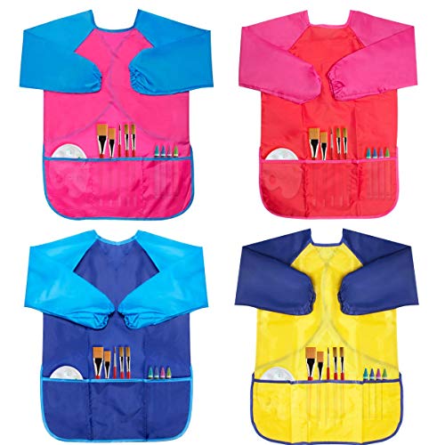 Kids Art Smocks 4 Pack Painting Apron Waterproof Artist Smock with Long Sleeve and 3 Pockets for Age 3-8 Years - color: Red+blue+ Yellow+pink