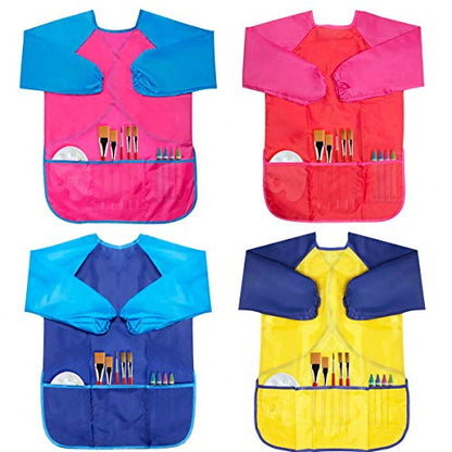 Kids Art Smocks 4 Pack Painting Apron Waterproof Artist Smock with Long Sleeve and 3 Pockets for Age 3-8 Years - color: Red+blue+ Yellow+pink