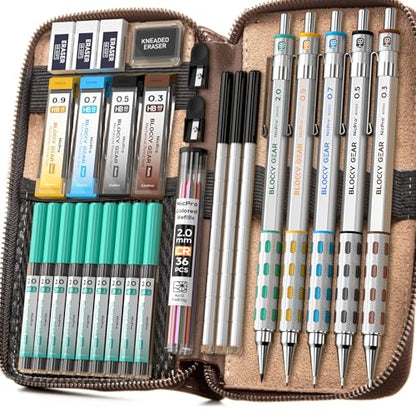 Nicpro Blocky Gear Metal Mechanical Pencil Set in Leather Case | 29PCS Art Drafting Pencils (0.3/0.5/0.7/0.9/2mm) with 330PCS Lead (HB 2H 4H 2B 4B 6B Color) For Writing Sketching Drawing - style: 5 PACK with Leather Bag