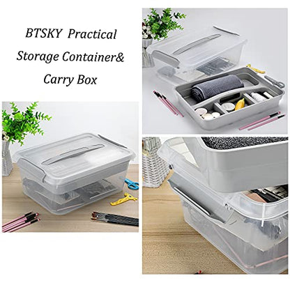 BTSKY Stack & Carry Box, Clear Plastic Storage Container Stackable Home Utility Box with Removable Tray Multi-Purpose Storage Bin for Organizing Stationery, Sewing, Art Craft Supplies(Grey) | Stackable Home Utility Box Multi-Purpose Storage Bin for Organi