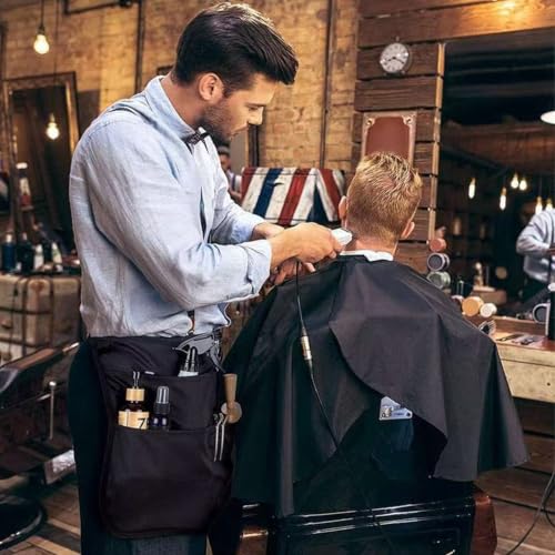 Hair Stylist Apron with 5 Pockets & 2 Loops, Barber Half Waist Apron with Adjustable Belt, Professional Hairdresser Tools Storage Holster Salon Waist Pouch for Hairstylist, Makeup Artist