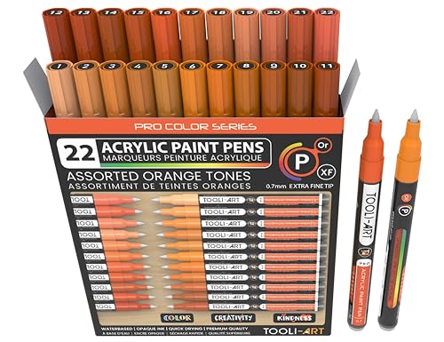 Acrylic Paint Pens 22 Orange Tones Assorted Pro Color Series Markers Set 0.7mm Extra Fine Tip for Rock Painting, Glass, Mugs, Wood, Metal, Canvas, Projects, Non Toxic, Waterbased, Quick Drying - color: ORANGE XF