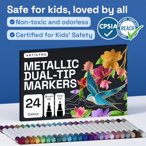 ARTISTRO 24 Metallic Dual-Tip Acrylic Paint Marker Pens for Drawing | For Fabric, Rock, Glass, Wood, & Molds, Arts & Crafts Gift for Adults, Teens, & Kids, Classroom Must Haves & School Supplies