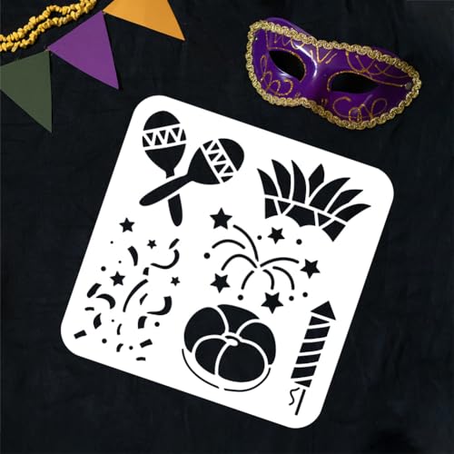 FINGERINSPIRE 4PCS Mardi Gras Painting Stencil 7.9x7.9inch Large Drums Balloons Colorful Ribbons Drawing Template Musical Instruments Flags Stencil for Painting Reusable Mardi Gras Words Template - color: Mardi Gras