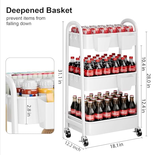 3 Tier Rolling Cart Metal with Wheels, Heavy Duty White Three Tiered Craft Cart Organizer on Wheels, Utility Roller Storage Carts for Art, Baby Nursery, Diaper Caddy, Snack,Book,Nail,Cleaning Supplies - color: Pure White