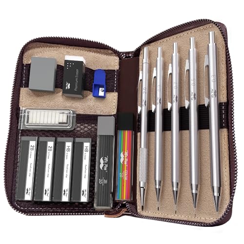 Mr. Pen- Metal Mechanical Pencil in Leather Case, 5 Pack, 5 Sizes, 0.3, 0.5 | 0.7, 0.9 & 2mm, 6x Tubes Lead Refill, Erasers & Sharpener for School Supplies, Note Taking, Drawing, Fathers Day Gift