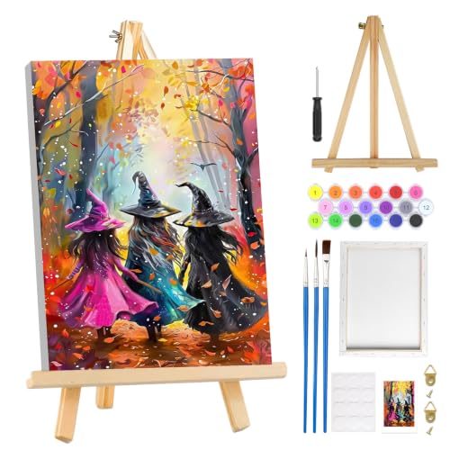 MOGTAA Halloween Paint by Numbers Kit for Adults Beginners with Frame, Witch Adult Paint by Number Kits on Canvas with Easel, Easy DIY Landscape Oil Painting Kits for Home Decor, 8x12in - color: Witch