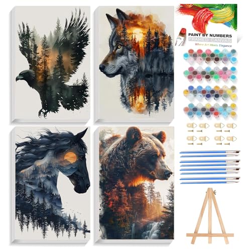 Reivworl 4 Pack Framed Paint by Numbers for Adults with Wooden Easel, Animal Paint by Numbers Kit for Adults Beginner, Acrylic Painting by Number for Home Wall Decor - 8X12 Inch - color: 05-Animal