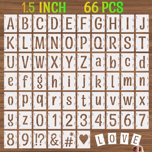 1.5 Inch Alphabet Letter Stencils, 66 Pcs Reusable Plastic Letter Number Symbol Interlocking Drawing Template Kit for Painting on Wood, Wall, Glass, Fabric, Signage, Door Porch - size: 1.5 Inch