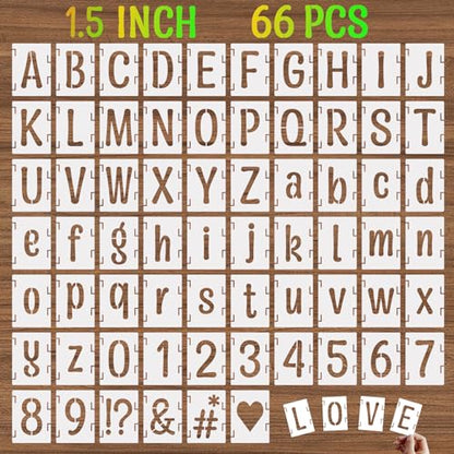 1.5 Inch Alphabet Letter Stencils, 66 Pcs Reusable Plastic Letter Number Symbol Interlocking Drawing Template Kit for Painting on Wood, Wall, Glass, Fabric, Signage, Door Porch - size: 1.5 Inch