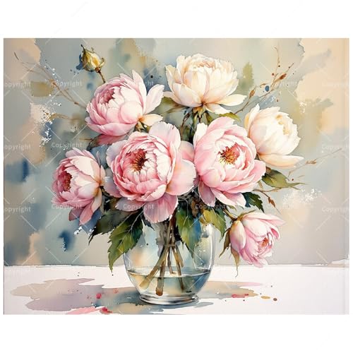 TAOPAOLAB Floral Bouquet Paint by Numbers Kit for Adults - DIY Watercolor Pink Peonies Painting on Canvas 16x20 Inches, Acrylic Paint Set, Suitable for Beginners, for Home Decoration or Gifts - color: TCXY04883, size: 40×50cm Unframed