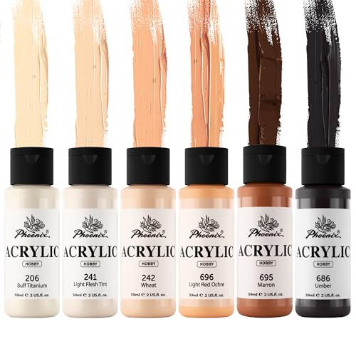 PHOENIX Skin Tone Acrylic Paint - 6 Neutral Colors x 2 Fl Oz / 59ml Flesh Colored Model Paint Set, Plastic Miniature Figures Paints for Adults, Brown Acrylic Paints for Canvas Painting