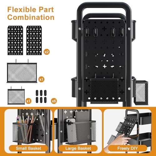 3 Tier Black Rolling Storage Cart Metal with DIY Pegboard and Wheels | Three Tiered Art Supply Organizer Cart, Utility Hobby Carts for Craft, Snack, Diaper Caddy, Nail, Baby Essentials, Snack - color: Black
