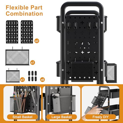 3 Tier Black Rolling Storage Cart Metal with DIY Pegboard and Wheels | Three Tiered Art Supply Organizer Cart, Utility Hobby Carts for Craft, Snack, Diaper Caddy, Nail, Baby Essentials, Snack - color: Black